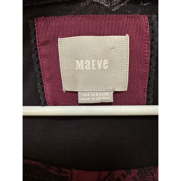 Maeve‎ Anthropologie Elorn Dress Black Flocked Lace Faux Wrap Wine Red, Sz 4 - Picture 5 of 7